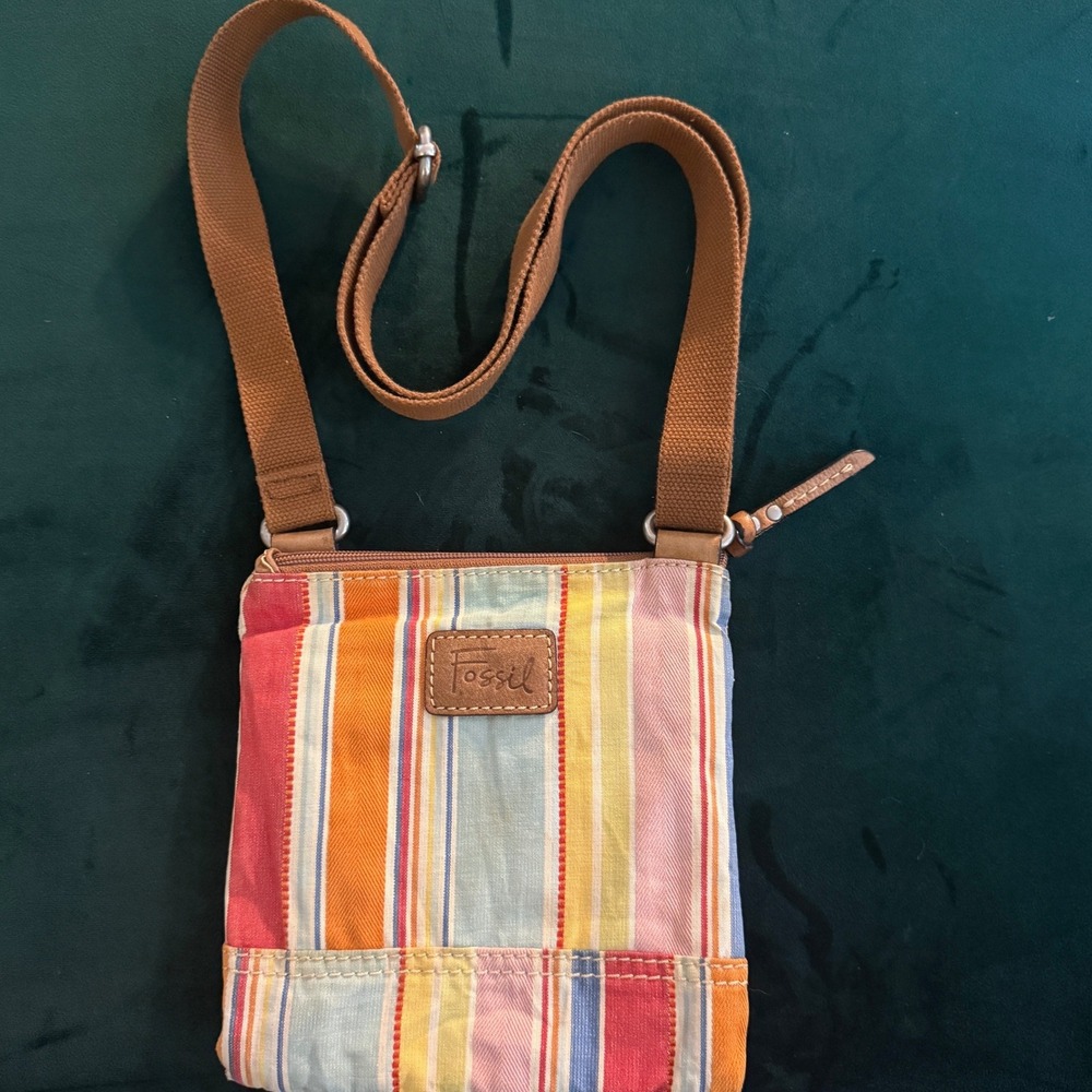 Fossil Multicolor Striped Canvas Crossbody Bag Zip Wallet Organizer Small Purse